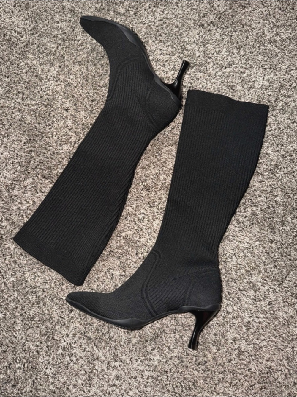 Cosy island-High Black Stretch Knit Stiletto Boots